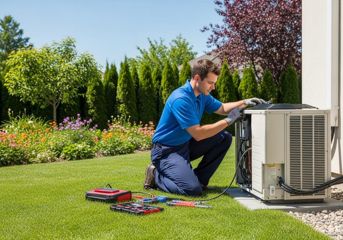 Technician in blue uniform kneeling on grass while repairing an outdoor air conditioning unit next to a house.