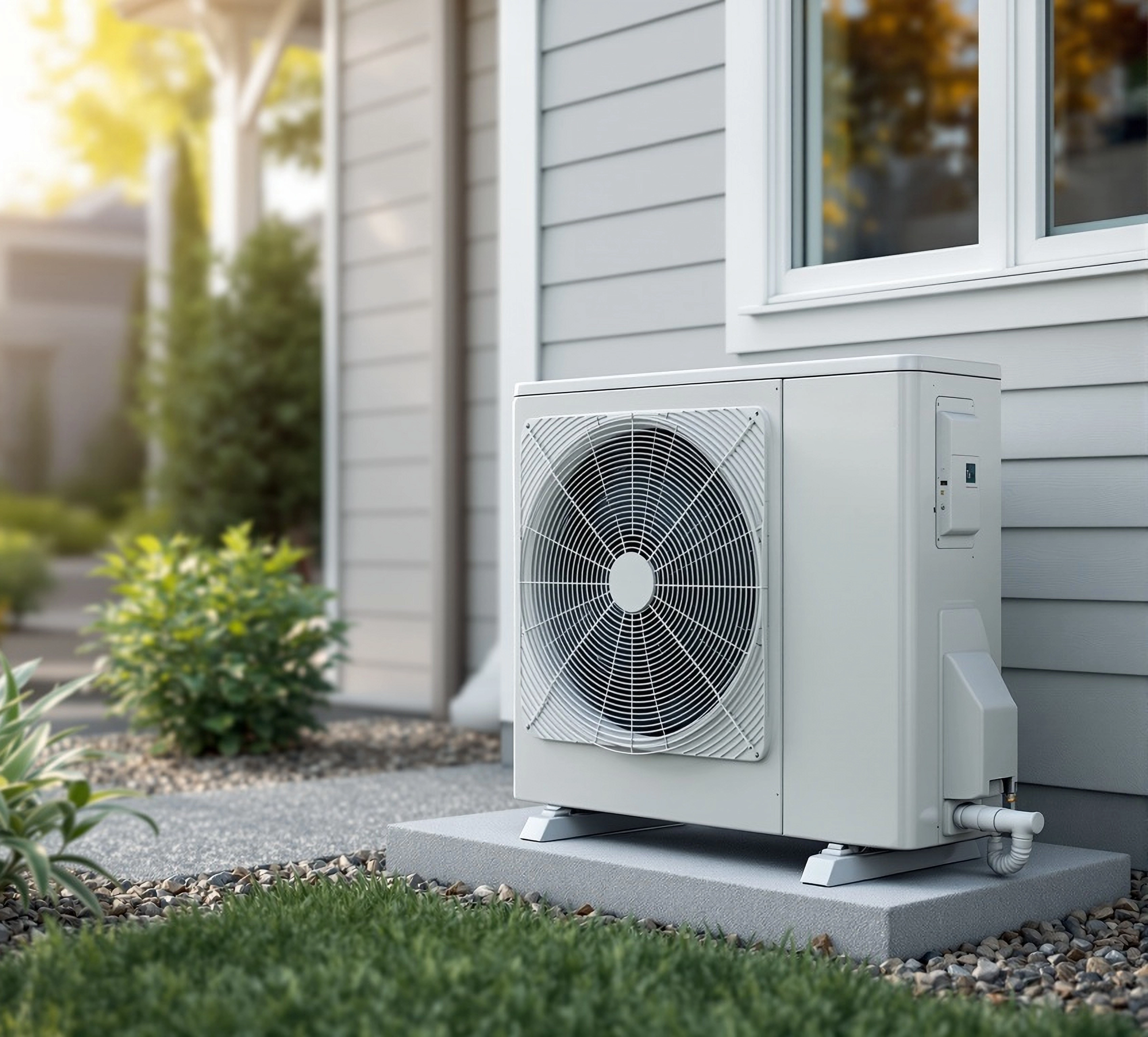 Outdoor air-source heat pump installed beside modern home exterior, showcasing G-Home USA’s professional HVAC installation and energy-efficient cooling solutions.