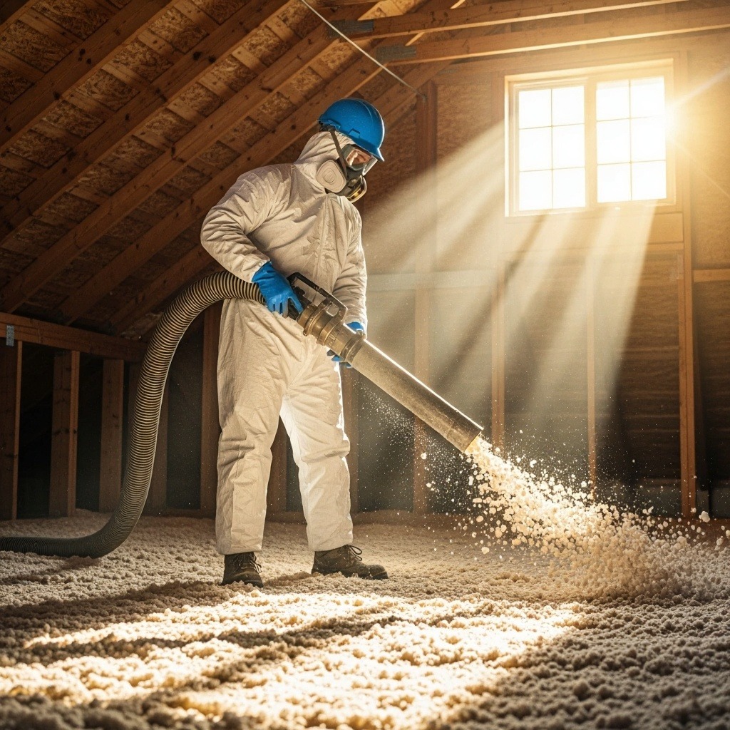 Worker in protective suit and helmet blowing insulation material in attic with sunlight streaming through window.